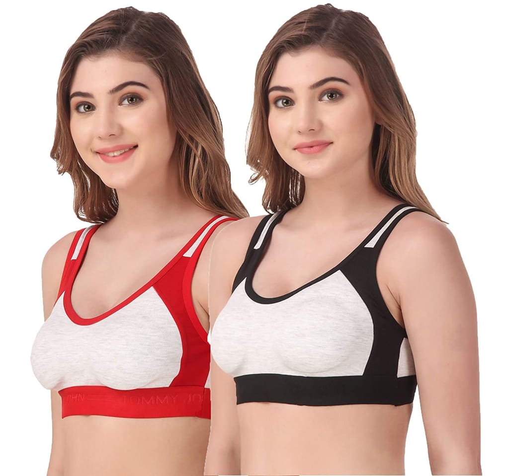 Fashion Bones- Women Cotton Blend Non Padded Full Coverage Sports Bra Pack of 2