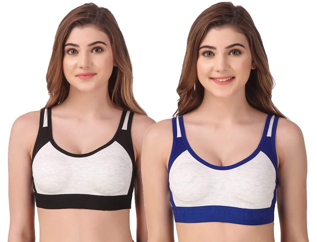 Fashion Bones- Women Cotton Blend Non Padded Full Coverage Sports Bra Pack of 2