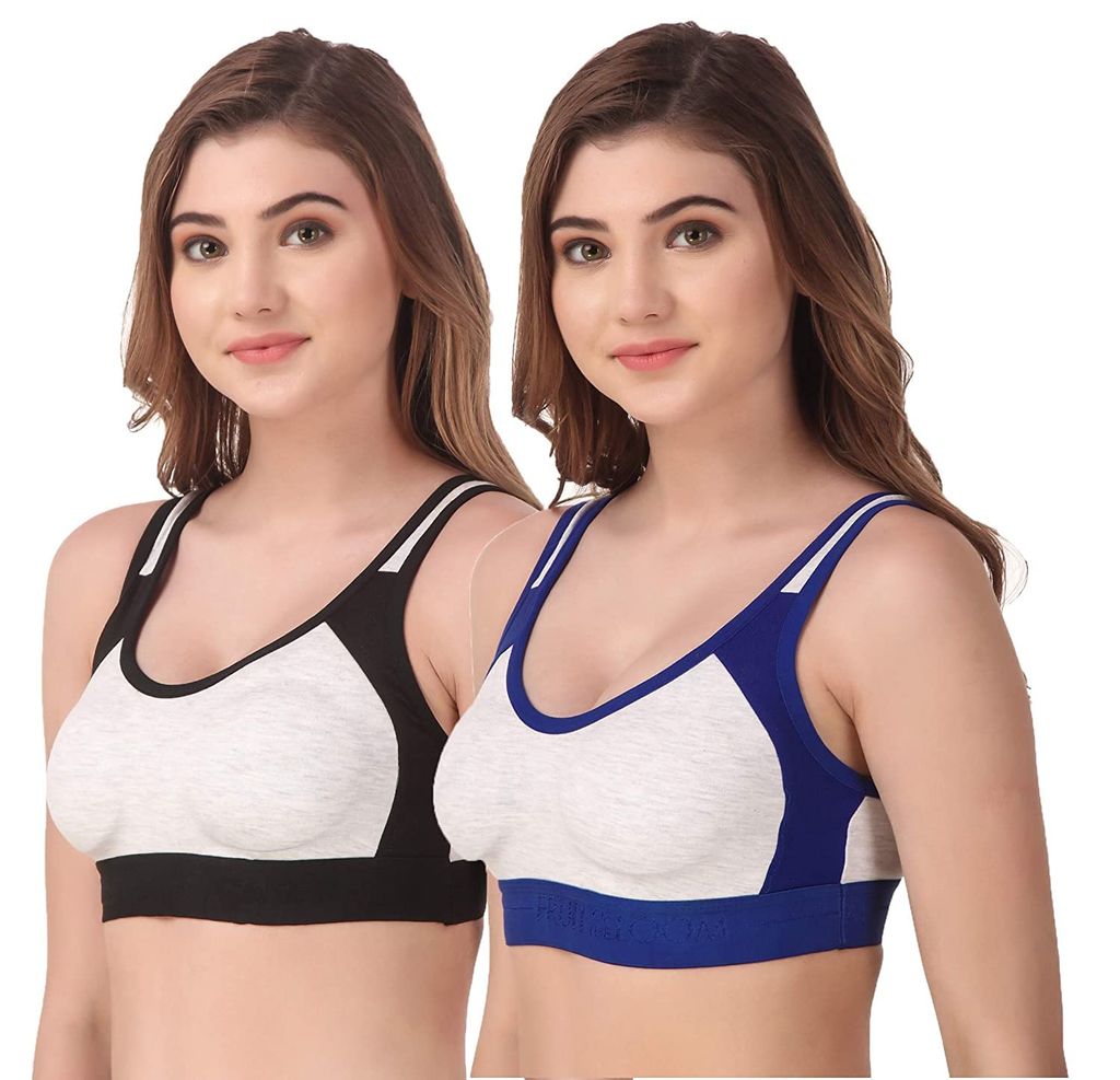 Fashion Bones- Women Cotton Blend Non Padded Full Coverage Sports Bra Pack of 2