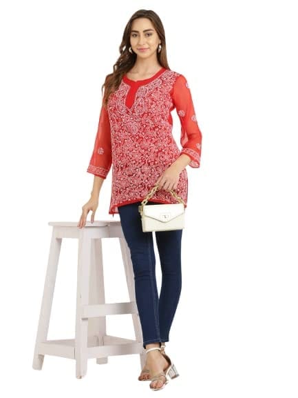 FASHION BONES Women's Sheer Georgette Handcrafted Lucknowi Chikankari Embroidery Short Kurti for Office Wear College Party Daily Casual