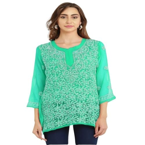 FASHION BONES Women's Sheer Georgette Handcrafted Lucknowi Chikankari Embroidery Short Kurti for Office Wear College Party Daily Casual