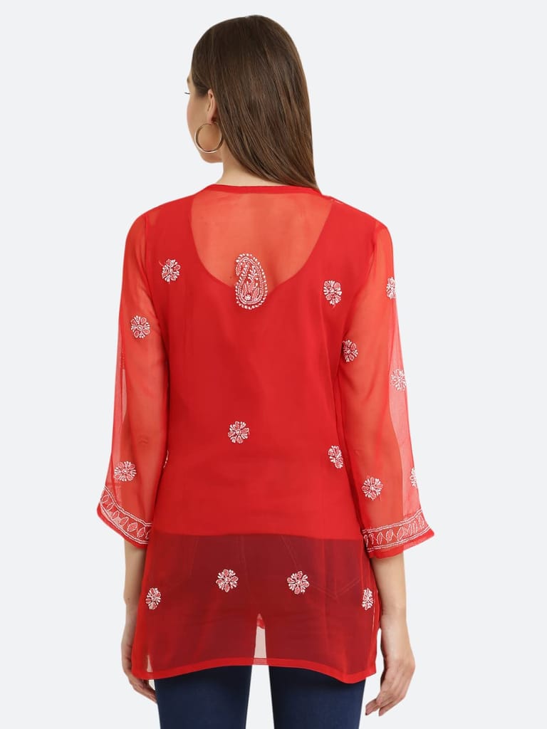 FASHION BONES Women's Sheer Georgette Handcrafted Lucknowi Chikankari Embroidery Short Kurti for Office Wear College Party Daily Casual