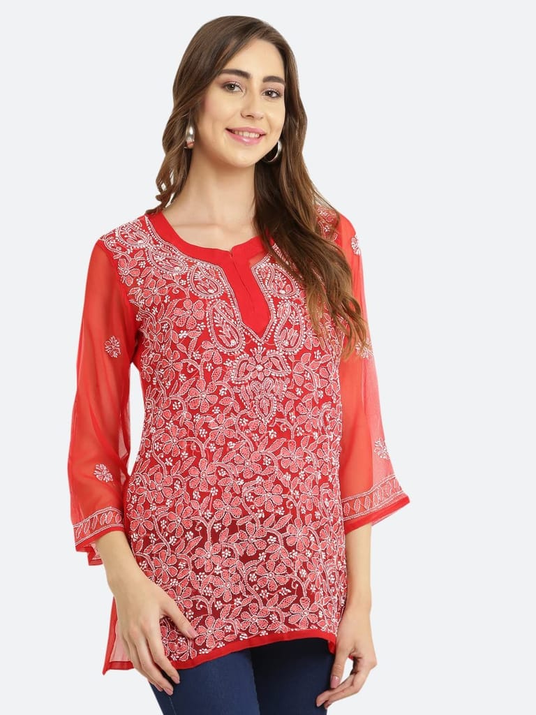 FASHION BONES Women's Sheer Georgette Handcrafted Lucknowi Chikankari Embroidery Short Kurti for Office Wear College Party Daily Casual