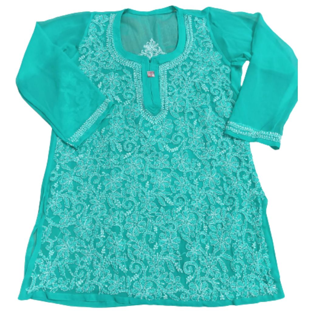 FASHION BONES Women's Sheer Georgette Handcrafted Lucknowi Chikankari Embroidery Short Kurti for Office Wear College Party Daily Casual