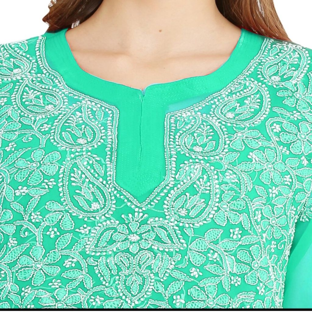 FASHION BONES Women's Sheer Georgette Handcrafted Lucknowi Chikankari Embroidery Short Kurti for Office Wear College Party Daily Casual