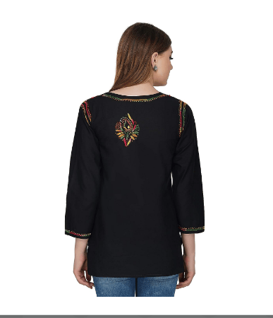 FASHION BONES Stylish Short Black Chikankari Cotton Kurti - Elegant Hand-Embroidered Indian Tunic for Women and Girls