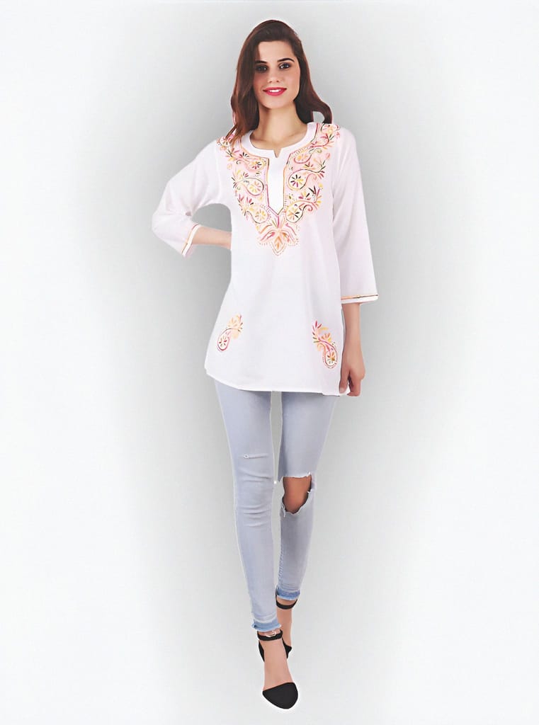 FASHION BONES Stylish Short Black Chikankari Cotton Kurti - Elegant Hand-Embroidered Indian Tunic for Women and Girls