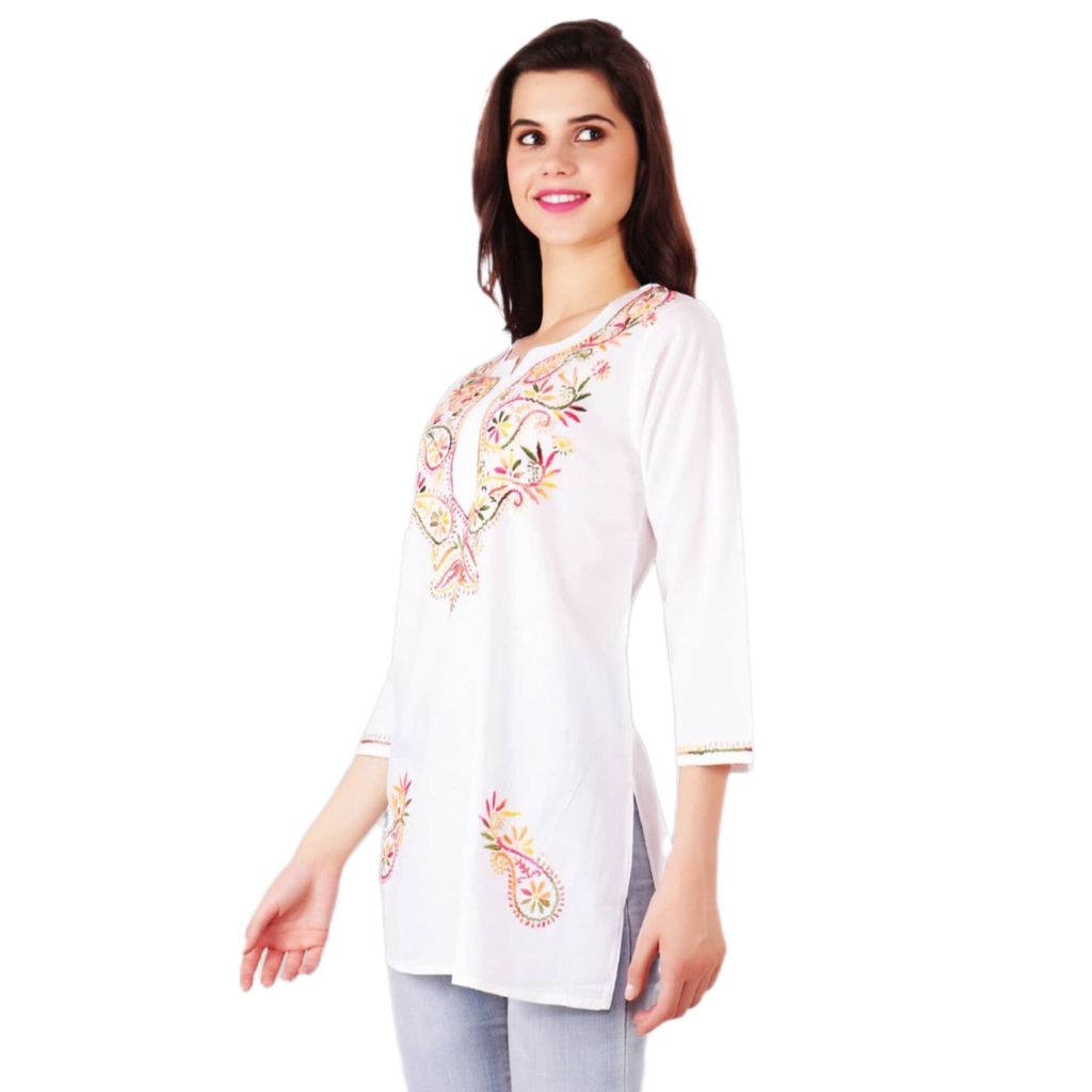 FASHION BONES Stylish Short Black Chikankari Cotton Kurti - Elegant Hand-Embroidered Indian Tunic for Women and Girls