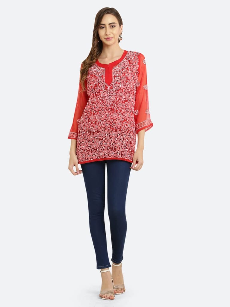 FASHION BONES Women's Sheer Georgette Handcrafted Lucknowi Chikankari Embroidery Short Kurti for Office Wear College Party Daily Casual