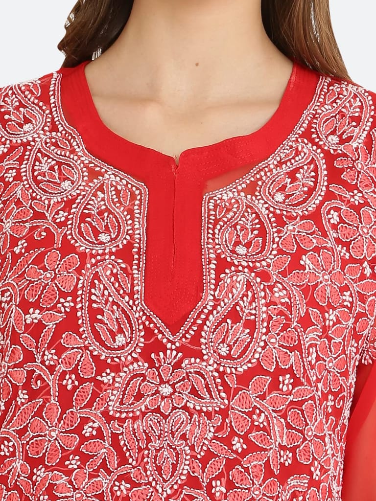 FASHION BONES Women's Sheer Georgette Handcrafted Lucknowi Chikankari Embroidery Short Kurti for Office Wear College Party Daily Casual