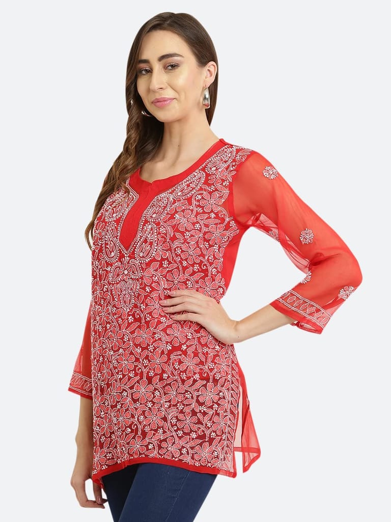 FASHION BONES Women's Sheer Georgette Handcrafted Lucknowi Chikankari Embroidery Short Kurti for Office Wear College Party Daily Casual