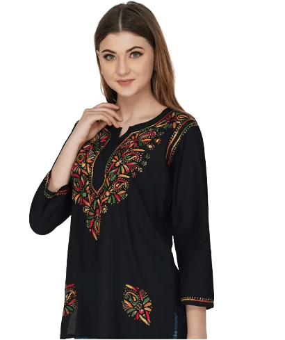 FASHION BONES Stylish Short Black Chikankari Cotton Kurti - Elegant Hand-Embroidered Indian Tunic for Women and Girls
