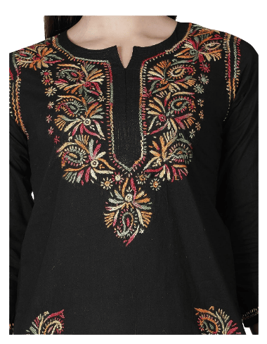 FASHION BONES Stylish Short Black Chikankari Cotton Kurti - Elegant Hand-Embroidered Indian Tunic for Women and Girls
