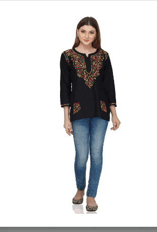 FASHION BONES Stylish Short Black Chikankari Cotton Kurti - Elegant Hand-Embroidered Indian Tunic for Women and Girls