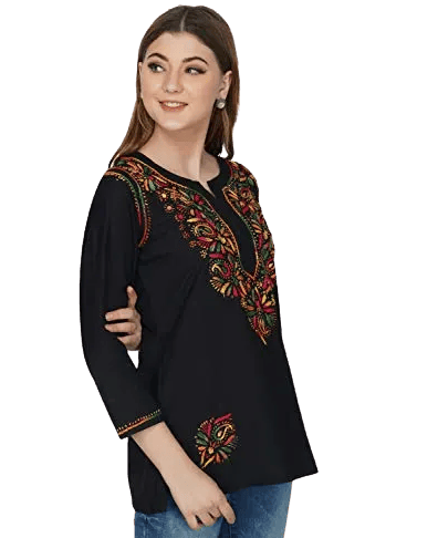 FASHION BONES Stylish Short Black Chikankari Cotton Kurti - Elegant Hand-Embroidered Indian Tunic for Women and Girls