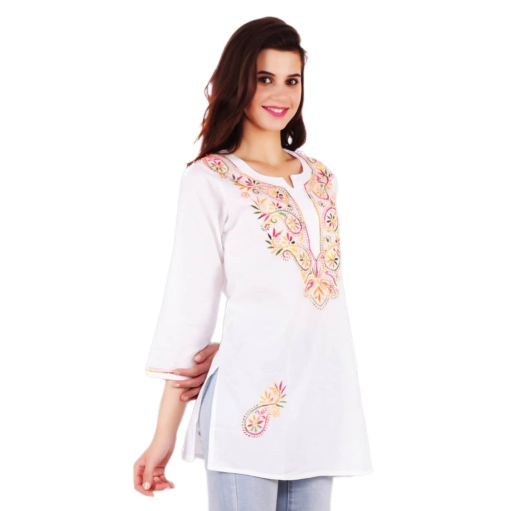 FASHION BONES Pure Cotton Lucknowi Chikankari Short Kurta Kurti top Base Color White with fine Multicolor Chikan Hand Embroidery