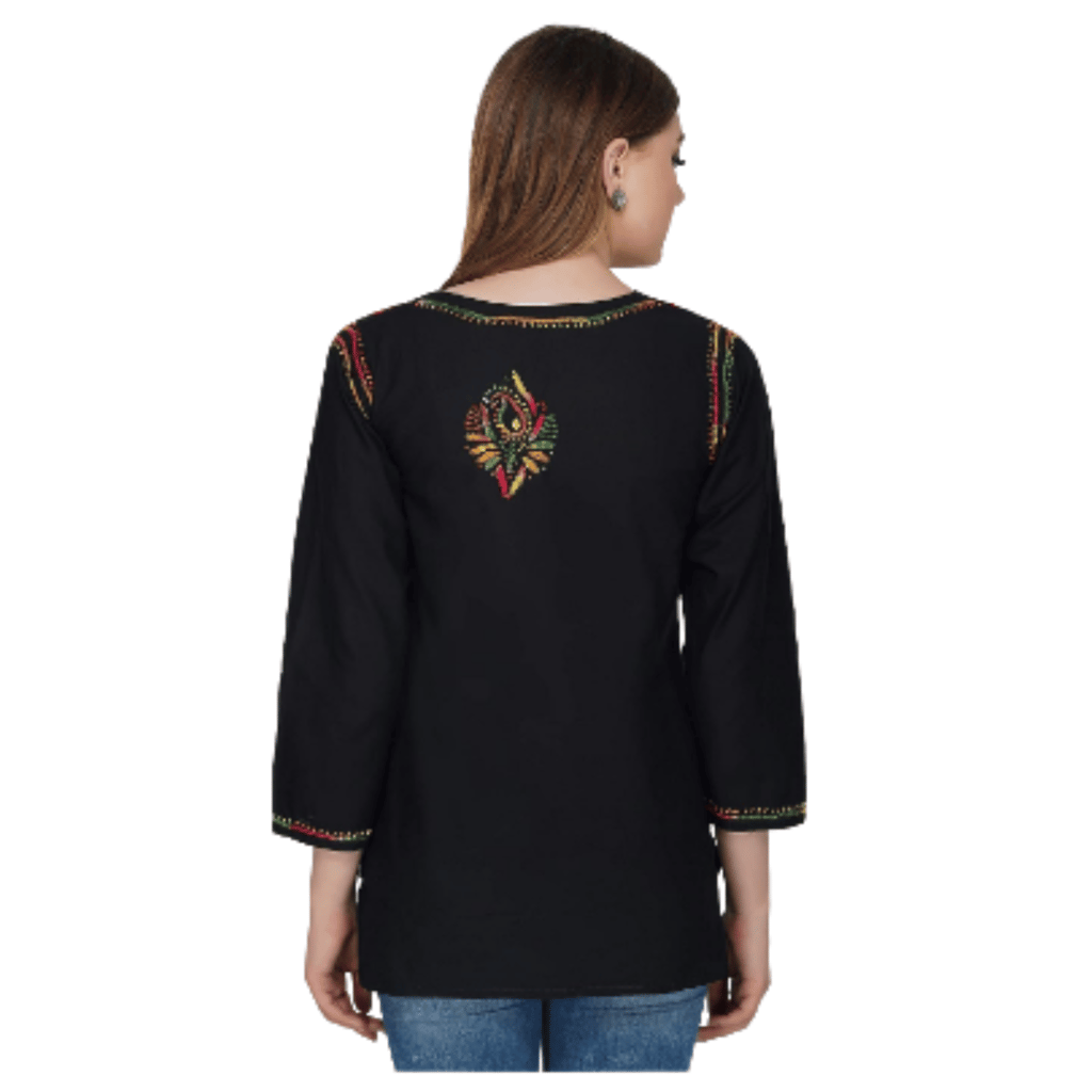 FASHION BONES Pure Cotton Lucknowi Chikankari Short Kurta Kurti top Base Color White with fine Multicolor Chikan Hand Embroidery