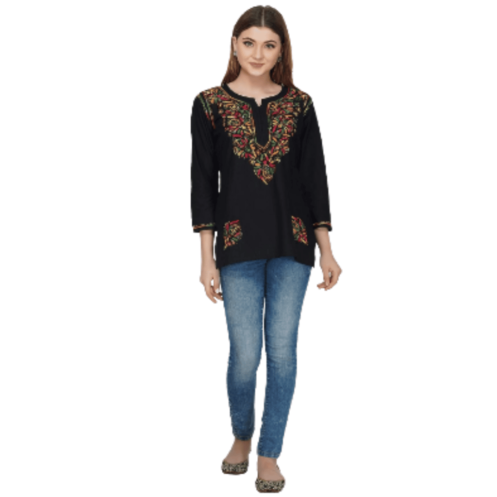 FASHION BONES Pure Cotton Lucknowi Chikankari Short Kurta Kurti top Base Color White with fine Multicolor Chikan Hand Embroidery