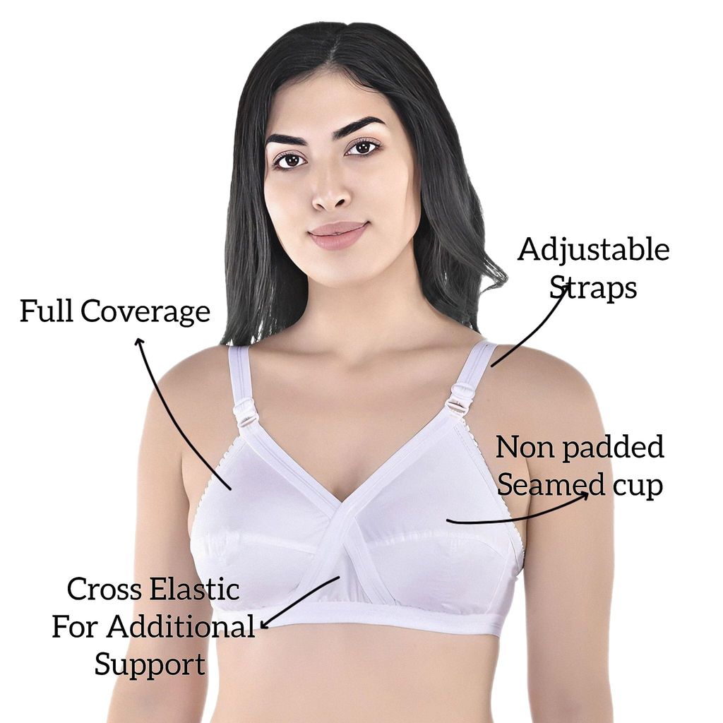 FASHION BONES Women's Cotton Cross Bra | Full Coverage, Non-Padded | Daily Use Cotton Bra | White & Beige | Combo (Pack of 2)
