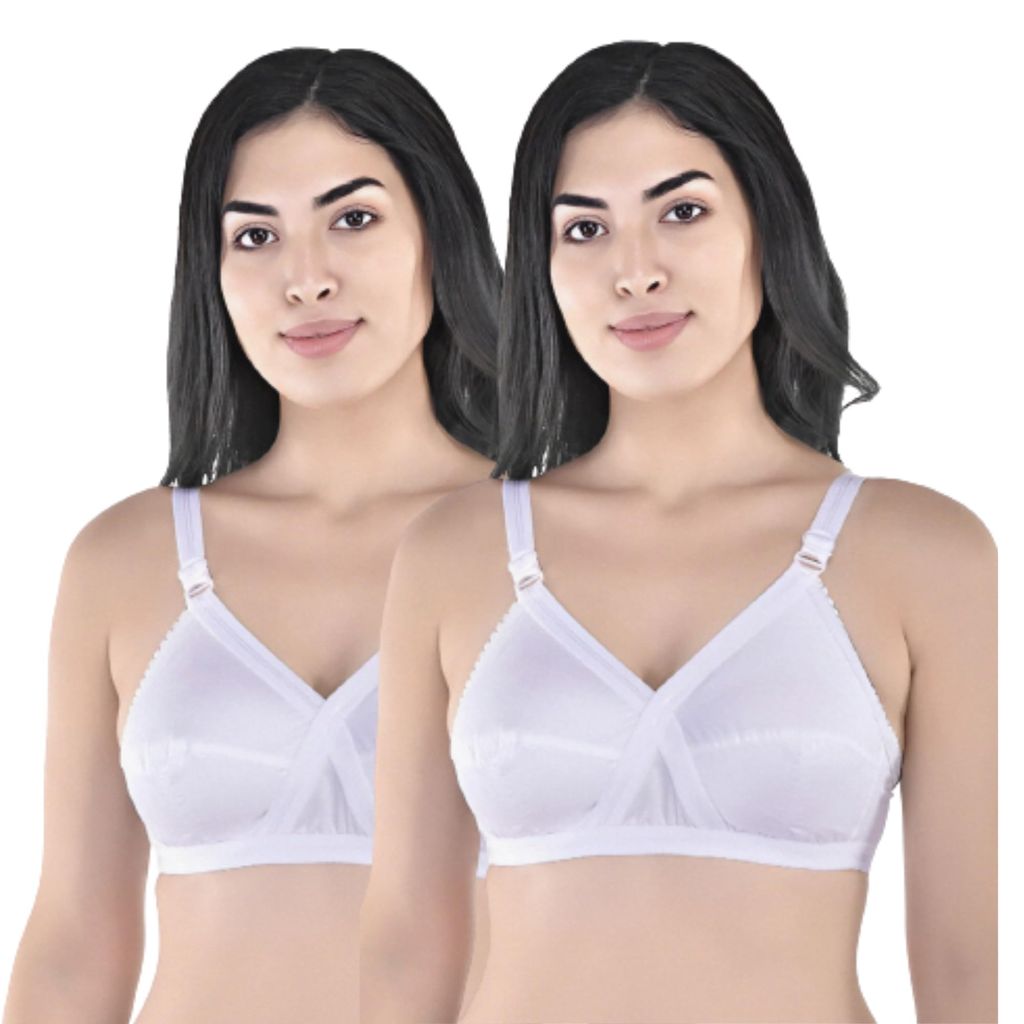FASHION BONES Women's Cotton Cross Bra | Full Coverage, Non-Padded | Daily Use Cotton Bra | White & Beige | Combo (Pack of 2)