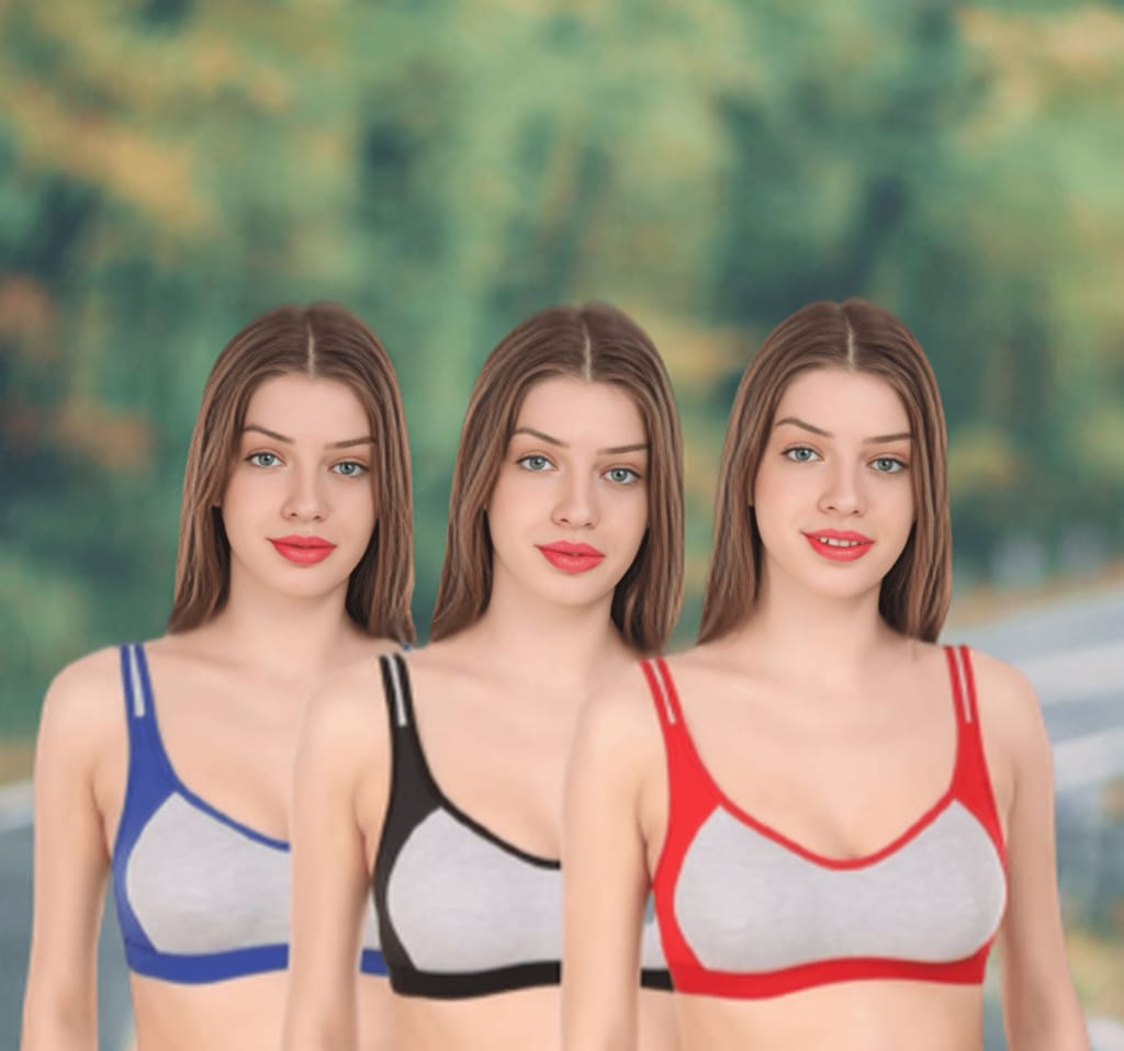FASHION BONES Women's Cotton Non Padded Daily Workout Sports Gym Bra Combo Pack of 3