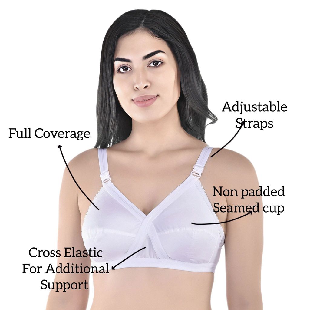 FASHION BONES Full Coverage Daily Use Cotton Cross Bra in Cup Size C for Women and Girls Combo Pack of 2 White