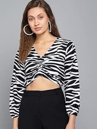Kulfi Gathered Sleeve Animal Print Crop Top