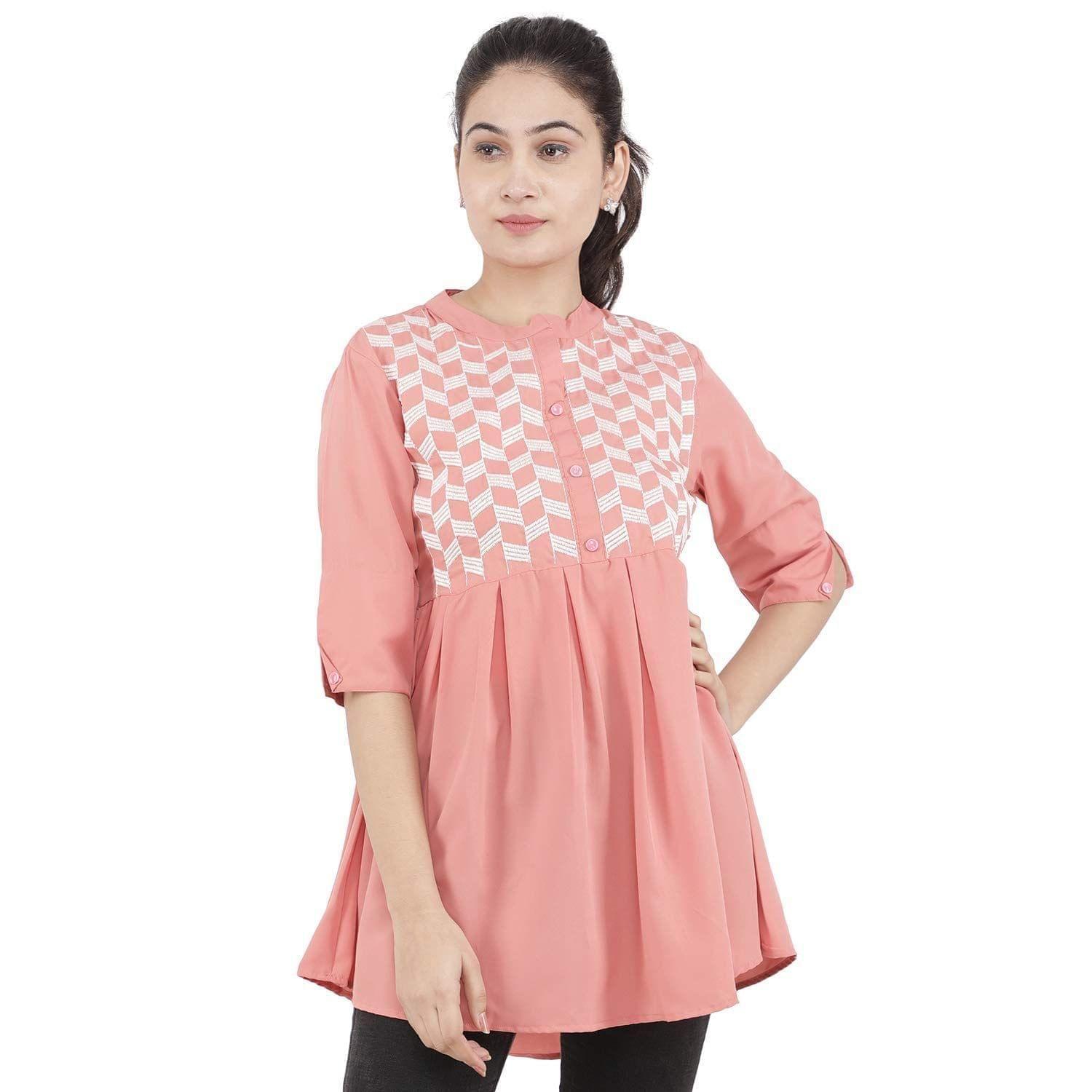 KULFI Women's Peach Color Embroidered Polyester Tunic