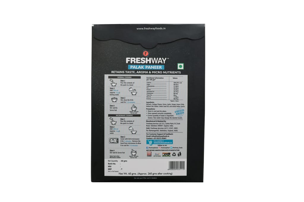 Freshway Foods Ready To Eat Freeze Dried Palak Paneer with No Added Preservatives & Colors
