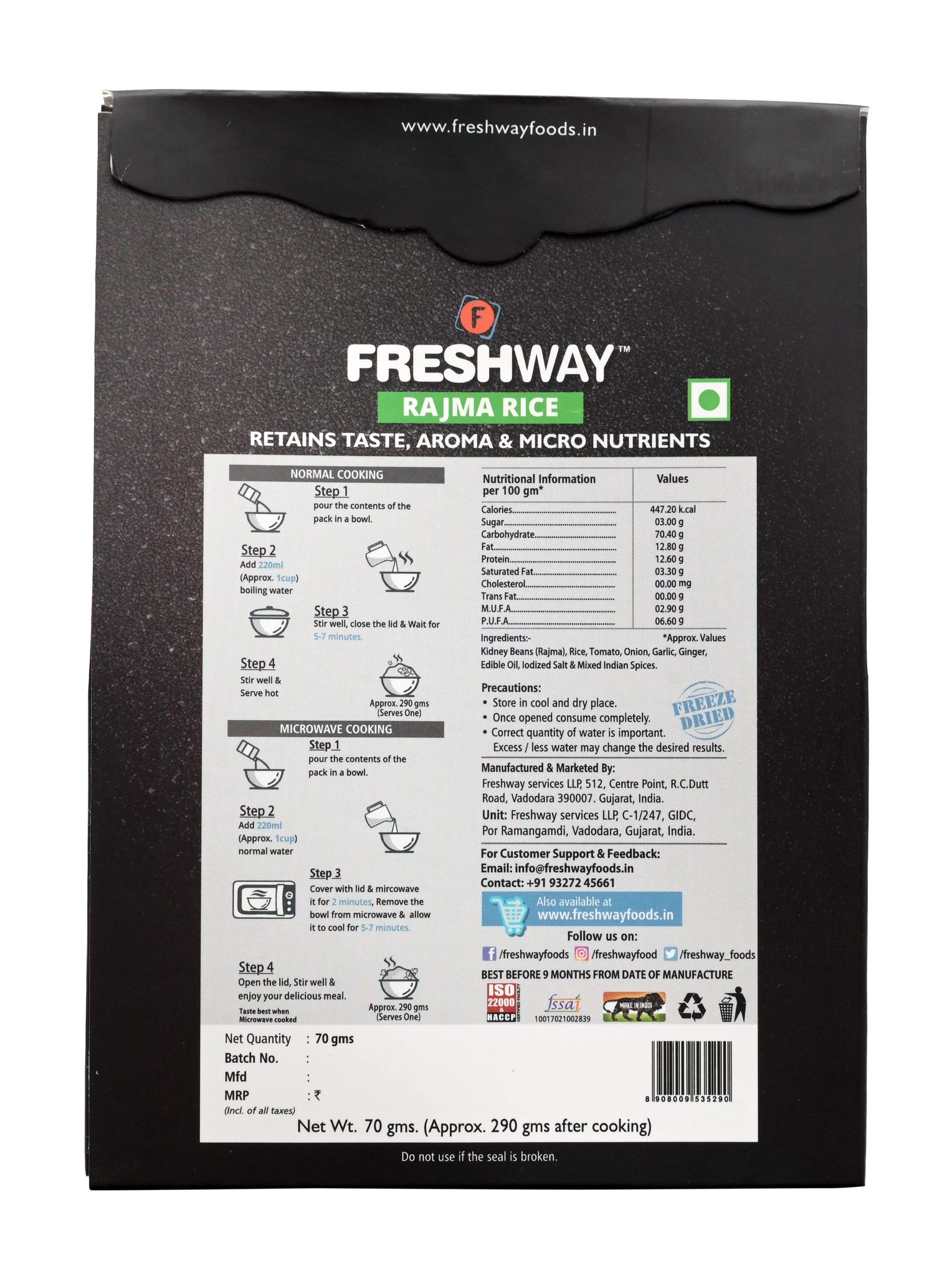 Freshway Rajma Rice Ready To Eat Freeze Dried with No Added Preservatives & Colors