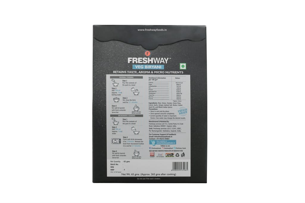 FRESHWAY ReadyTo Eat Freeze Dried Veg. Biryani with No added Preservatives & Colors