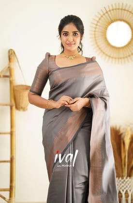 Grey Zari Work Silk Saree With Blouse Piece