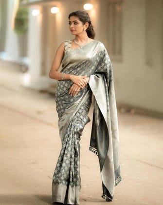 Bottle Green Zari Work Silk Saree With Blouse Piece