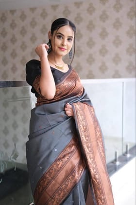 Stunning Grey Zari Work Silk Saree With Blouse Piece