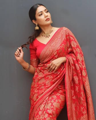 Peach With Yellow Zari Work Banarasi Saree With Blouse Piece