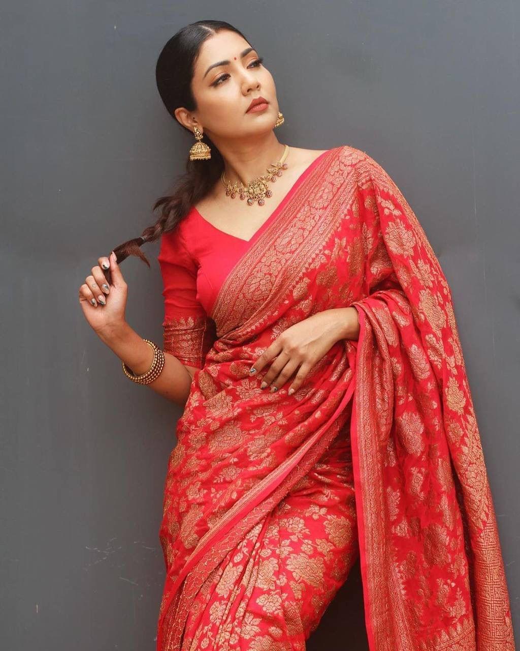 Peach With Yellow Zari Work Banarasi Saree With Blouse Piece