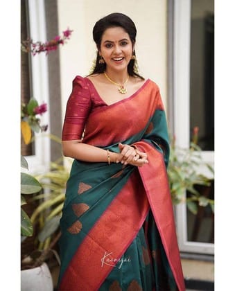Stunning Navy Blue With Zari Work Silk Saree With Blouse Piece