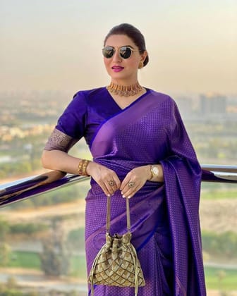 Stunning Purple Zari Work Silk Saree With Blouse Piece