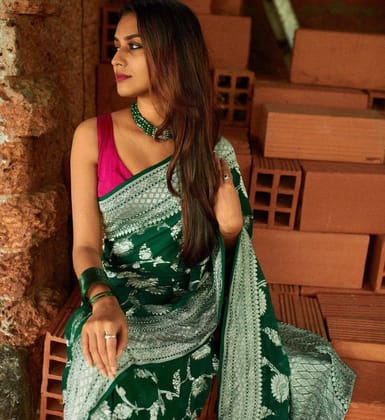 Off White and Royal Blue Zari Work Silk Saree With Blouse Piece