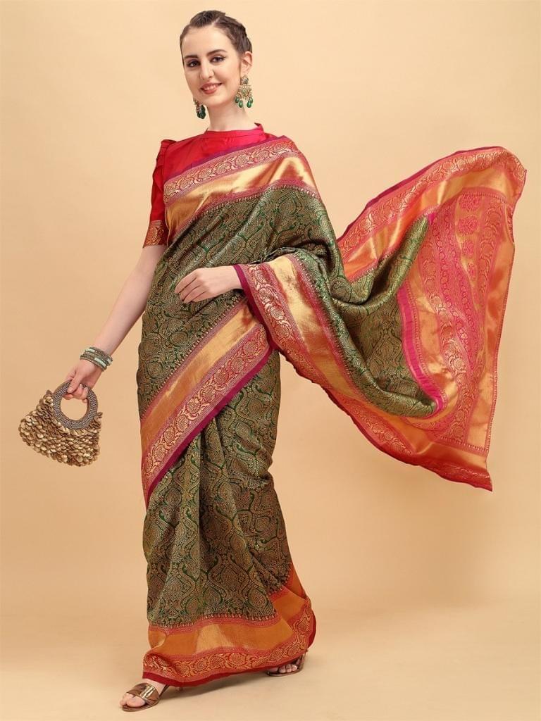 Green Zari Work Banarasi Saree With Blouse Piece