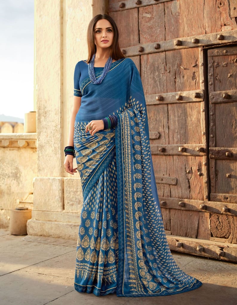 Blue Color Elegant Moss Chiffon Fabric Printed Saree With Fancy Thread Work Border And Blue Fancy Thread Work Blouse Material. - Sarees | Buy online on ZillyBuy