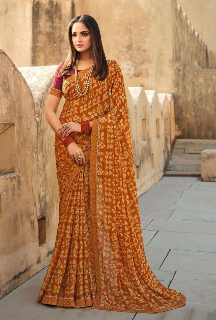 Orange Color Elegant Moss Chiffon Fabric Printed Saree With Fancy Thread Work Border And Maroon Fancy Thread Work Blouse Material. - Sarees | Buy online on ZillyBuy