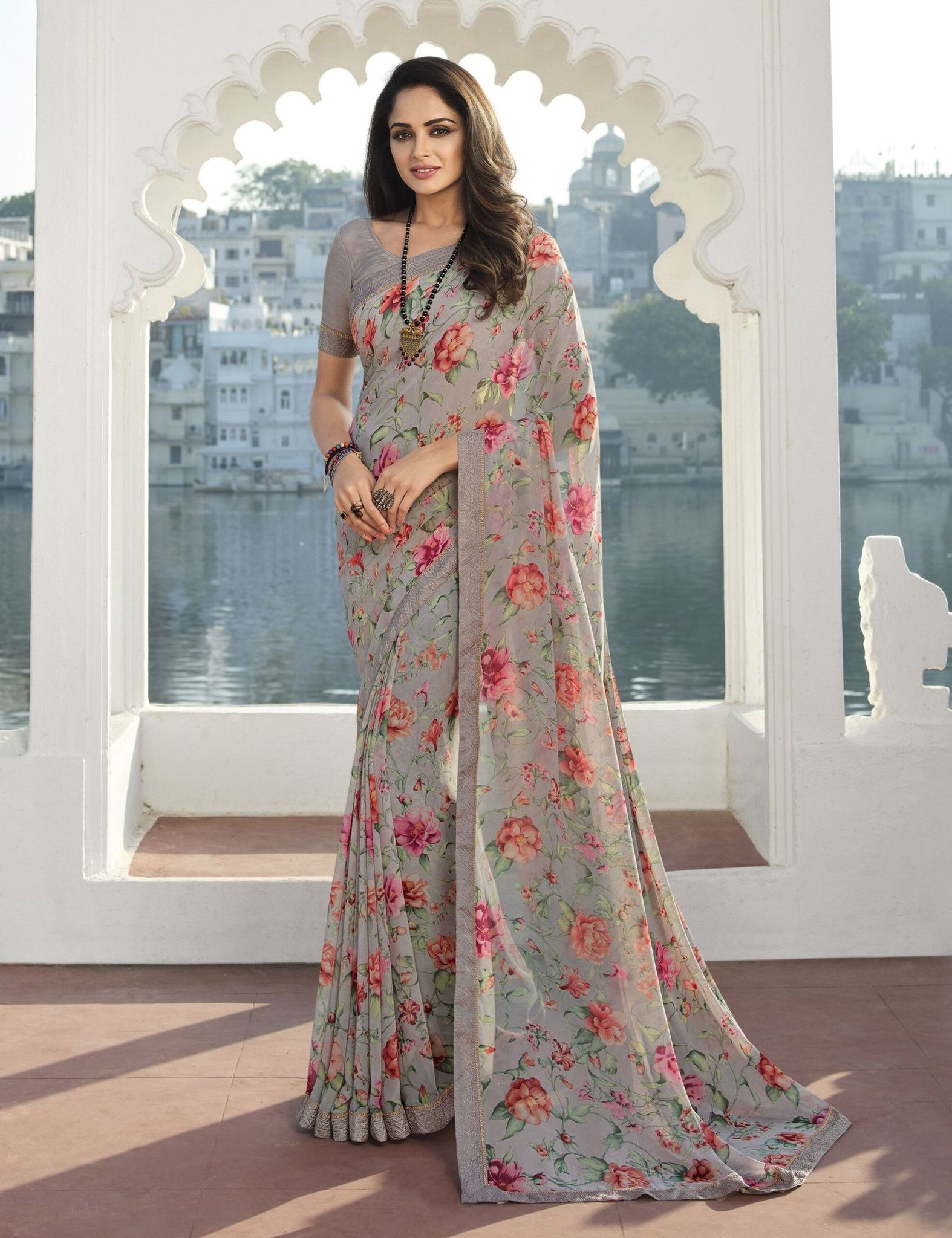 Grey Color Floral Print Georgette Fabric Printed Saree With Fancy Attached Work Border And Grey Fancy Blouse Material