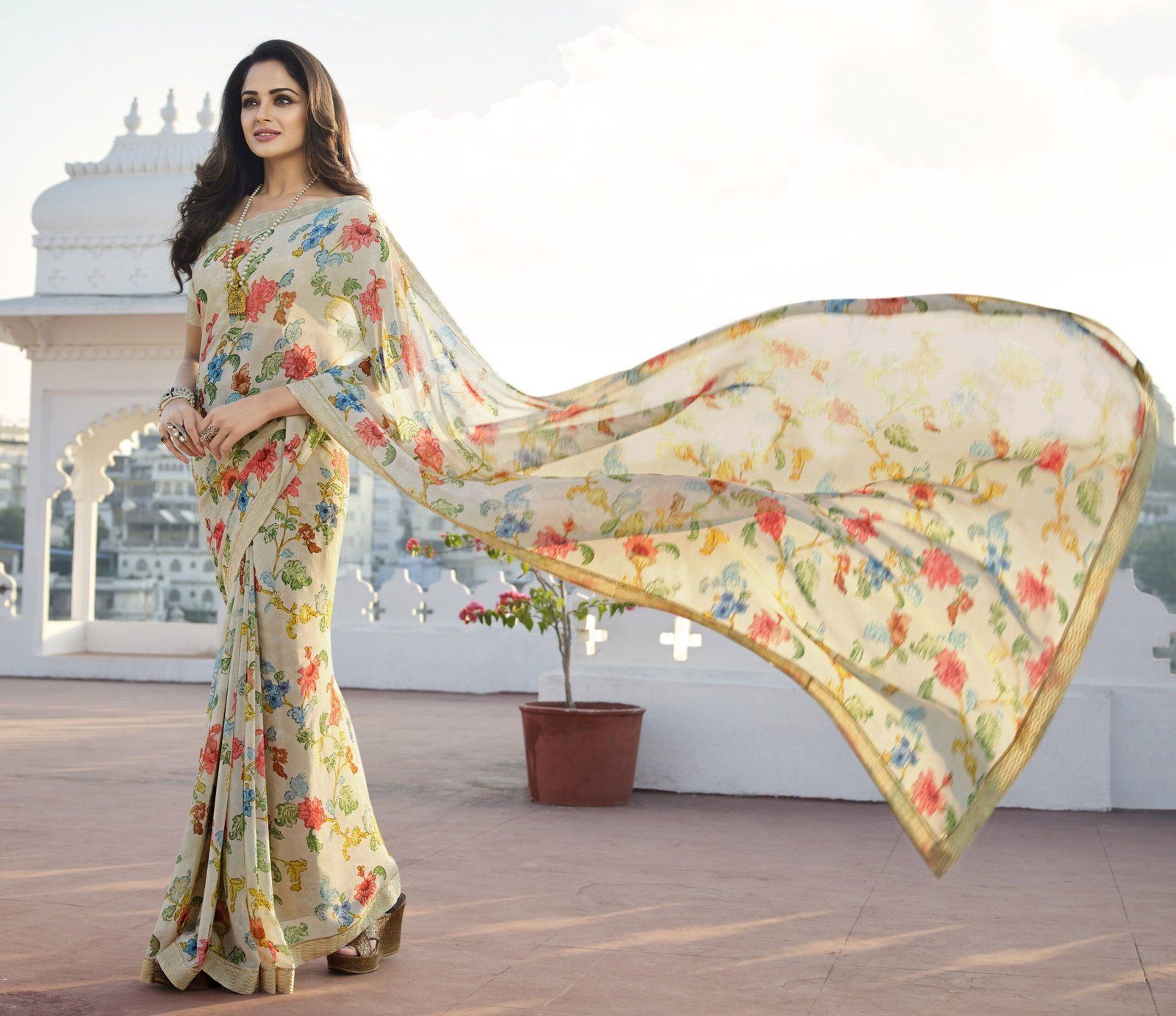 Beige Color Floral Print Georgette Fabric Printed Saree With Fancy Attached Work Border And Beige Fancy Blouse Material
