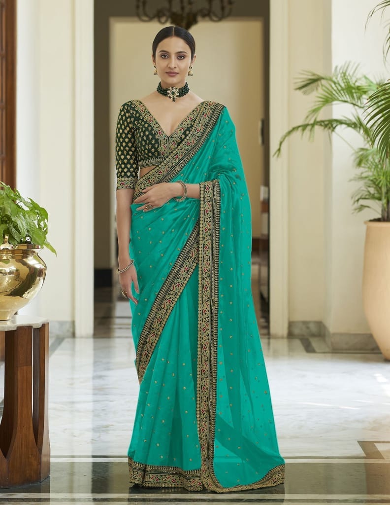 Turquoise Vichitra Silk Sarees With Heavy Work Border And Fancy Thread Work Blouse Piece - Sarees | Buy online on ZillyBuy