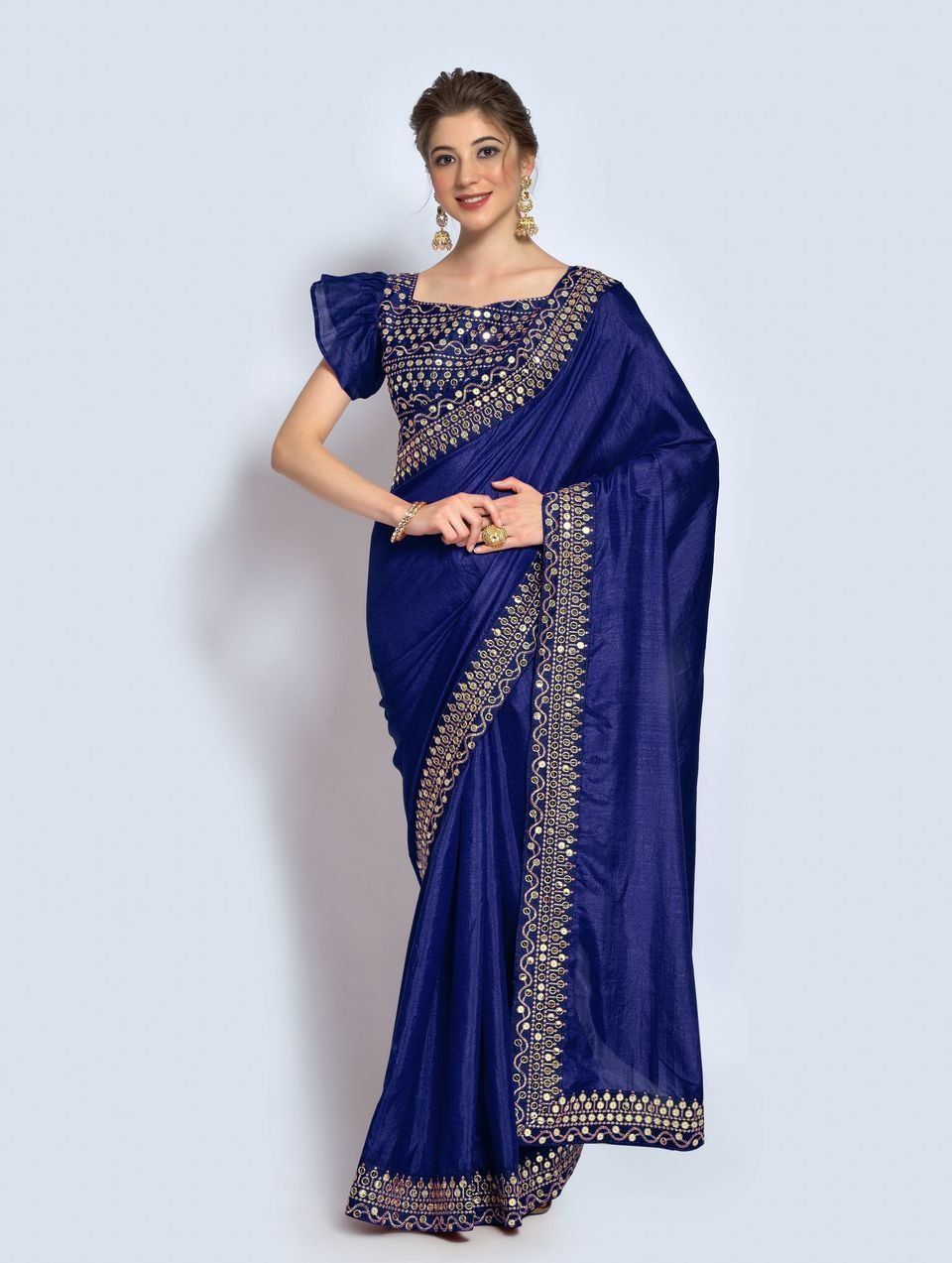 Blue Vichitra Silk Sarees With Sequence & Embroidery Border And Fancy Sequence & Embroidery Blouse Piece