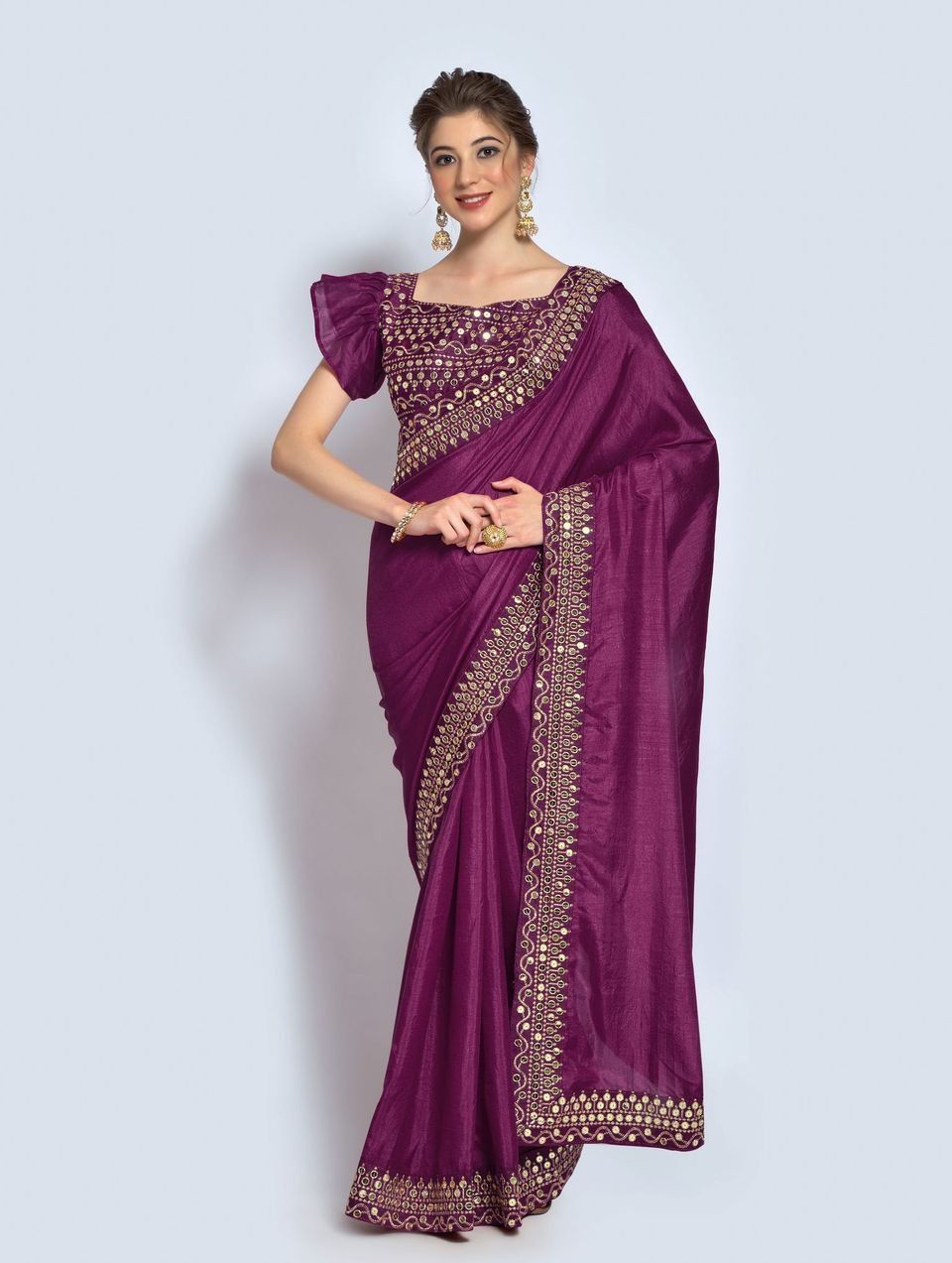Purple Vichitra Silk Sarees With Sequence & Embroidery Border And Fancy Sequence & Embroidery Blouse Piece