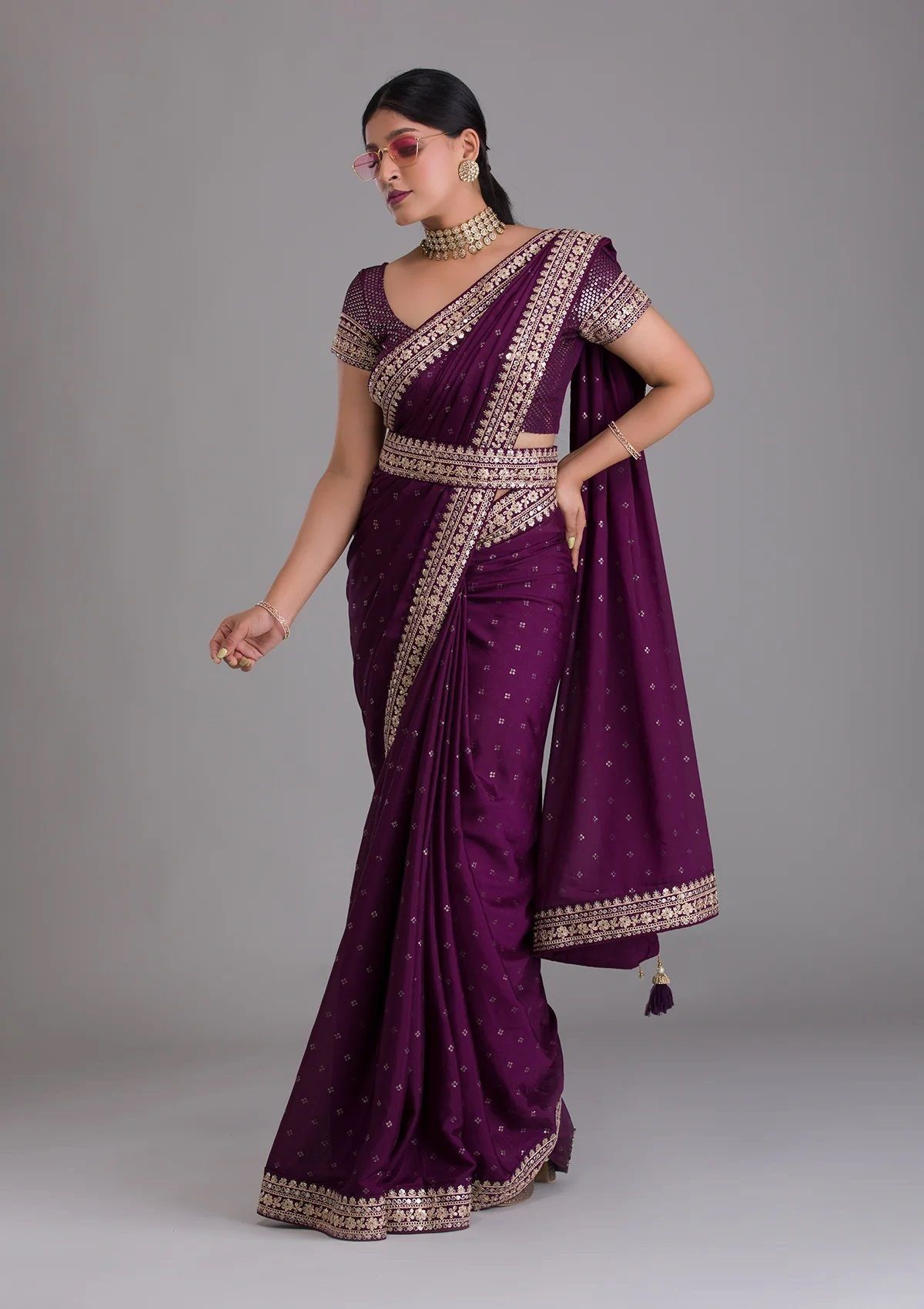 Purple Chinon Silk Sarees with Heavy Zari Embroidery Sequence Work Lace Border And Fancy Sequence, Embroidery Blouse Piece