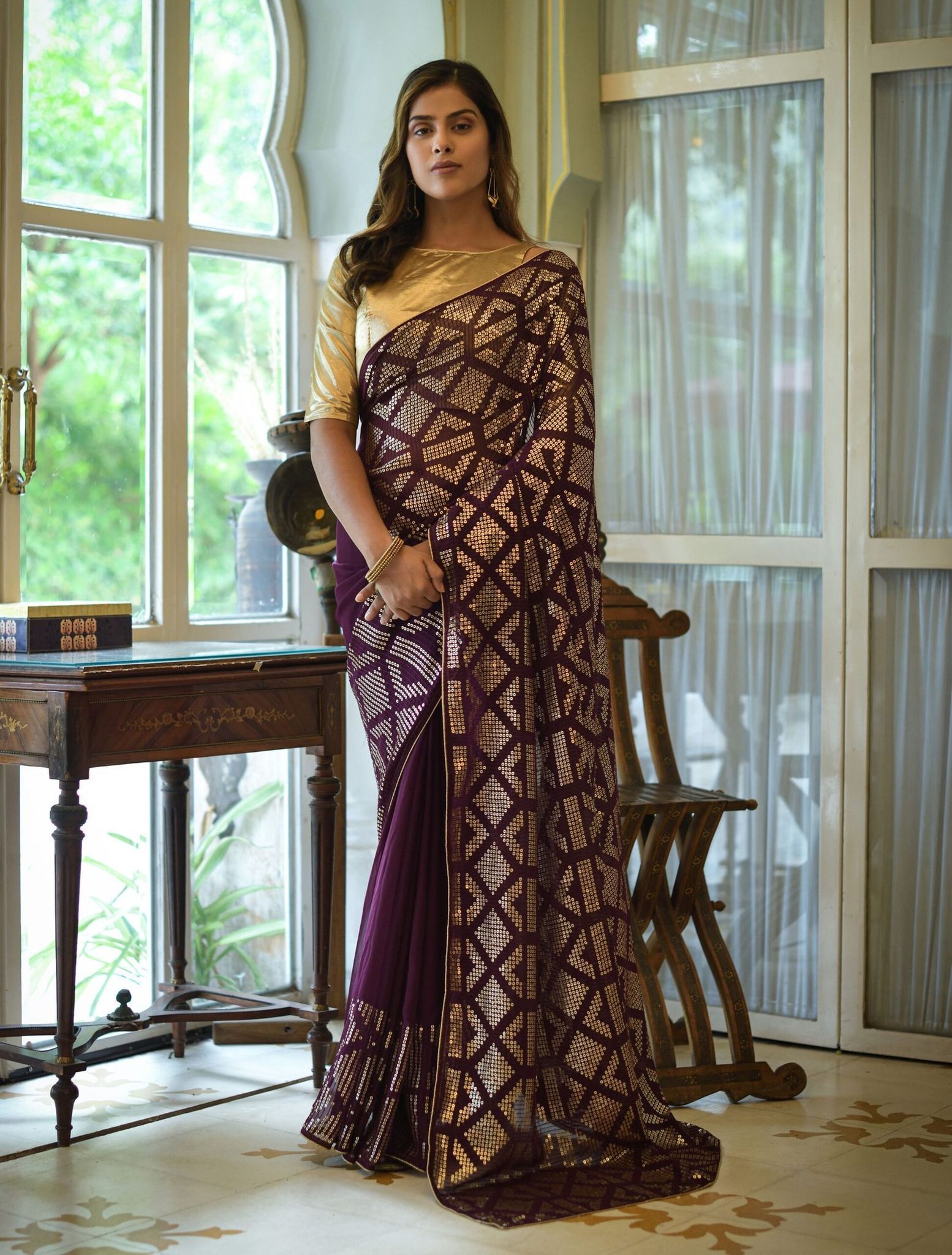 Purple Chinon Silk Sarees with Heavy Zari Embroidery Sequence Work Lace Border And Fancy Sequence, Embroidery Blouse Piece