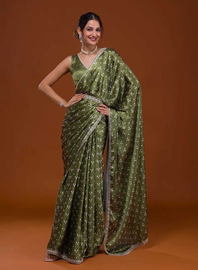 Green Bandhani Satin Saree Saree With Sequence Embroidery Lace Border And Plain Blouse Piece - Sarees | Buy online on ZillyBuy